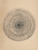 Abstract circular pattern formed by small black dots radiating from center point on beige background, creating mesmerizing spiral effect for wall art and design projects.