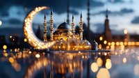 Illuminated mosque with glowing crescent moon reflected in water at dusk, magical bokeh lights create dreamy atmosphere for Ramadan and Islamic celebrations.