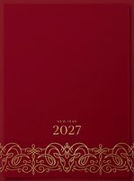 Elegant burgundy background with ornate gold decorative border and New Year 2027 text, suitable for holiday greeting cards, festive invitations, and seasonal marketing materials.