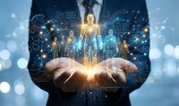 Business professional holding glowing digital human figures with network connections representing team management and leadership technology solutions.