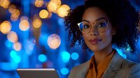 Young African American businesswoman in glasses working on tablet with blue bokeh lights background, professional corporate portrait showing confidence and success.