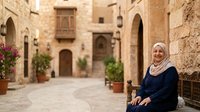 Senior woman wearing white headscarf and dark clothing sitting on bench in historic stone courtyard with arched doorways, potted plants and traditional architecture, suitable for travel, culture and lifestyle content.