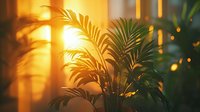 Tropical palm leaves silhouetted against golden sunset light streaming through window, creating dramatic shadows and bokeh effect. Cozy home interior atmosphere.