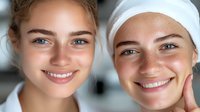 Young women with fresh glowing skin and bright smiles wearing white headbands during spa treatment or skincare routine, close up portrait showing natural beauty and wellness.
