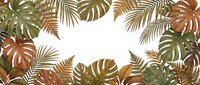 Tropical leaves frame with monstera and palm fronds in autumn colors creating decorative border on white background for seasonal design projects.