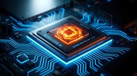 Advanced microprocessor chip with glowing orange core and blue circuit pathways on dark motherboard for technology and computing applications.