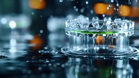 Crystal clear water drop crown splash with green accent and bokeh lights in background, captured in high-speed macro photography showing liquid dynamics and surface tension.