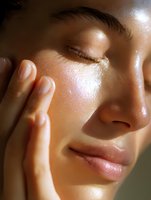 Close up of young Asian woman with glowing hydrated skin touching face gently with closed eyes, demonstrating skincare and wellness concept.