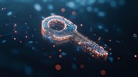 Digital key formed by glowing particles and light effects on dark background with bokeh, representing cybersecurity, encryption and digital access technology.