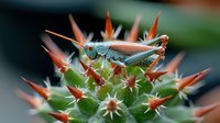 Detailed macro shot of green grasshopper perched on spiky succulent plant with orange thorns, showcasing vibrant colors and intricate insect features in nature.