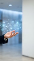 Businessman hand presenting digital network connections with glowing nodes and lines in modern office environment for technology presentations.