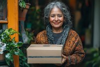 Mature Hispanic woman with gray hair smiling while holding cardboard box for delivery, wearing cozy knit cardigan against blurred green background.