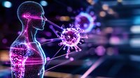Digital visualization of virus particle interaction with human body shown through glowing purple dots and lines against dark background, medical science concept.