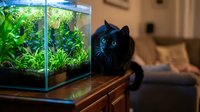 Black cat with bright blue eyes gazing at aquarium with green aquatic plants on wooden table in home interior setting.