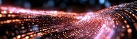 Abstract digital wave of glowing red and orange particles flowing in curved pattern against dark background, creating futuristic technology concept.