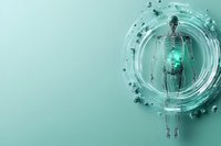 Glowing skeletal figure surrounded by futuristic circular elements on mint green background, representing medical technology and human anatomy visualization.