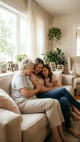 Three generation family women embracing on beige sofa in bright living room with plants and natural light creating warm bonding moment.