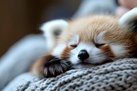 Sleeping red panda cub resting on gray knitted blanket, close-up view showing peaceful expression and fluffy fur. Perfect for wildlife and animal content.