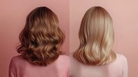 Comparison of brunette and blonde wavy hairstyles shown from behind on pink background, demonstrating modern medium-length haircuts with soft waves and natural shine.