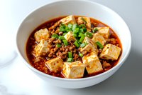 Spicy mapo tofu with minced meat and green onions in white bowl, traditional Chinese Sichuan dish with silky soft tofu cubes in aromatic chili sauce.