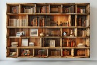 Vintage wooden bookshelf with antique books, photo frames, and decorative items creating cozy home library atmosphere perfect for interior design and reading room inspiration.