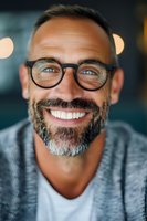 Confident mature Caucasian businessman with glasses and salt-pepper beard smiling warmly at camera. Close-up portrait showing genuine happiness and approachability.