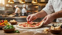 Professional chef preparing fresh pizza with tomato sauce in busy restaurant kitchen with golden pendant lights and cooking staff.