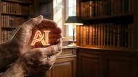 Hand holding glowing AI letters in classic library with wooden bookshelves and warm lighting representing artificial intelligence technology concept.