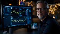 Mature businessman analyzing financial market data on multiple screens in dark office with bokeh lights. Professional trader monitoring stock charts.