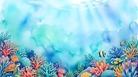 Watercolor underwater scene with colorful coral reef, sea turtle, tropical fish, and sunbeams filtering through turquoise ocean water.