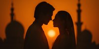 Romantic couple silhouettes against sunset with mosque architecture background creating intimate moment for wedding, travel and cultural themes.
