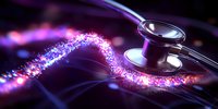 Medical stethoscope with glowing purple and pink particles trail on dark background, modern healthcare concept for medical presentations.