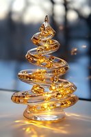 Spiral glass Christmas tree with warm golden LED lights creating magical holiday glow against blurred winter background. Elegant modern festive decor.