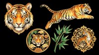 Isolated tiger head, leaping tiger, decorative tiger medallion, bamboo leaves, and ornamental tiger emblem on transparent background. Ready for t-shirt design, clipart, stickers, sublimation, and print-on-demand products.