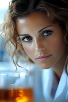 Close-up portrait of young Caucasian woman with natural makeup, blue eyes and curly honey-blonde hair wearing white blouse, soft lighting creates romantic mood.