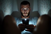 Young Caucasian man with beard looking at smartphone screen in dark room, dramatic lighting from device illuminating face, creating eerie atmosphere and shadows.