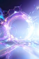 Glowing molecular structures and hexagonal shapes create futuristic portal effect with purple and blue light streams against dark background, suitable for tech concepts.
