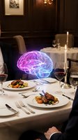Glowing holographic brain floating above elegant restaurant table with gourmet meals and wine glasses in upscale dining room setting.