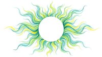 Colorful sun with flowing, wavy rays in shades of green, yellow, and blue isolated on white background. Suitable for designs, graphics, and creative projects.