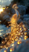 Glowing golden peacock decoration with fairy lights perched on snowy branch at sunset, creating magical winter ambiance.