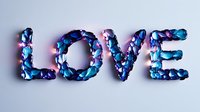 Decorative word LOVE made from blue and purple metallic petals with soft pink glow on light background, romantic lettering design for valentines and wedding decor.