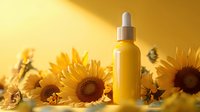 Yellow cosmetic dropper bottle with sunflowers on golden background, natural skincare product photography for beauty and wellness marketing materials.
