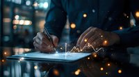 Digital financial chart glowing over hands writing on tablet in dark office with bokeh lights, representing business analysis and investment strategy.