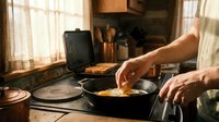 Man cooking scrambled eggs in cast iron skillet on stovetop in warm rustic kitchen with morning sunlight streaming through windows creating cozy atmosphere.