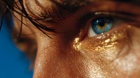 Extreme close-up of person with striking blue eye and gold glitter makeup against blue background, showcasing beauty and glamour.