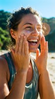 Happy young Caucasian woman applying sunscreen to face outdoors on sunny day, smiling with hands on cheeks, natural skincare and sun protection concept.