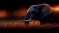 African elephant silhouette against dramatic sunset sky, backlit profile showing tusks and distinctive ears amid glowing orange savanna grass at dusk.