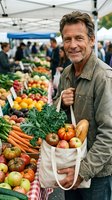 Mature Caucasian man shopping at farmers market holding canvas bag filled with fresh organic vegetables and fruits, healthy lifestyle concept.