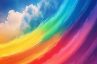 Vibrant rainbow colors flow in smooth curved lines against cloudy sky background, creating dynamic abstract pattern with gradient transitions from yellow to purple.