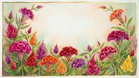 Watercolor floral border with vibrant celosia and carnation blooms in pink, red, orange, purple framing a soft pastel copy space center.